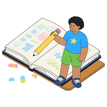 A student with tan skin and curly black hair, wearing a bright blue t-shirt and green shorts, is standing beside a giant notebook that is open on a wooden surface. The notebook has colorful doodles on its pages, showcasing various sketches. The student is holding an oversized yellow pencil with a pink eraser, poised above the page as if drawing. The scene includes a few scattered colored pencils and an eraser around the notebook. The student's facial expression is focused and imaginative, immersed in the creative process.
