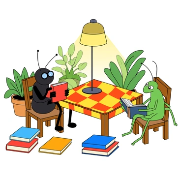 A cozy corner featuring a small wooden table adorned with a colorful checkered tablecloth. In this nook, an ant with a shiny black body is sitting on a tiny chair, glasses perched on its face as it concentrates on a small red book. Next to the ant, a green grasshopper with long antennae is perched on another tiny chair, holding a blue book, its eyes wide with curiosity. The background showcases an assortment of potted plants and a warm lamp casting a gentle light over the scene. Scattered around the table are more tiny books, each with vibrant covers, creating an inviting atmosphere for reading.