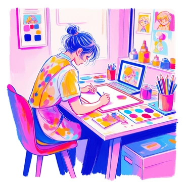 An artist designing flat character illustrations for a video game, with sketches and color swatches around.