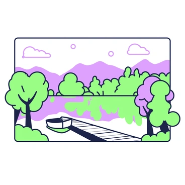 A framed scene depicts a tranquil lake with a smooth, glass-like surface reflecting the surrounding trees. The trees are adorned with autumn foliage, showcasing a variety of shapes and sizes, with leaves in rich hues. In the foreground, a wooden dock extends out over the water, leading to a small rowboat tied at the end. The background features gently rolling hills that rise above the lake, fully covered with a tapestry of colorful leaves that transition from green to shades of purple. The sky above is clear, allowing sunlight to filter through and illuminate the scene.