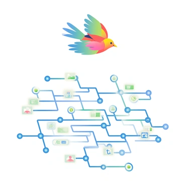 A colorful bird with bright feathers is flying gracefully above a maze of digital networks represented by glowing blue lines and nodes. The bird is positioned in the center of the image, with its wings spread wide, conveying a sense of freedom and movement. Below, the digital networks are densely interconnected, symbolizing the concept of connectivity and access. Scattered throughout the network are icons representing various online services and websites, showcasing the idea of unrestricted access facilitated by a VPN. The overall atmosphere highlights the harmony between nature and technology.