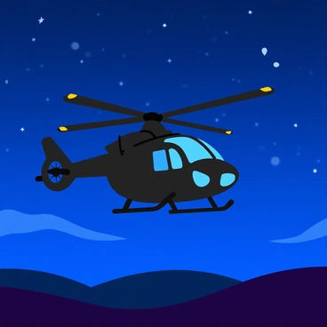 A helicopter flying through a dark blue starlit sky. The helicopter is sleek with bright lights illuminating its body. Below, a landscape of rolling hills is barely visible in the moonlight. The stars are twinkling brightly, scattered across the sky, creating a stunning backdrop. The helicopter's rotor blades are in motion, creating a sense of action as it embarks on its nighttime mission.