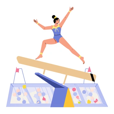 A gymnast soaring through the air after jumping off a vault. The gymnast has a focused expression, showcasing determination. The athlete is wearing a vibrant leotard with bright blue and gold colors. Arms are extended gracefully above the head while the legs are in a split position. Below, the vault is angled, indicating the powerful push off. The background features an indoor gymnastics arena filled with cheering spectators and colorful banners.