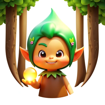 A whimsical forest elf with pointed ears is in the center of the image. The elf has a mischievous grin that adds to their playful appearance. They have vibrant green hair adorned with small flowers and leaves. The elf is wearing a tunic made from natural materials, with earthy colors like brown and green. Their eyes are bright and twinkling, reflecting a sense of curiosity. In one hand, they hold a small, glowing orb that casts a soft light around them. The background features tall, slender trees with intricate bark patterns and dappled sunlight filtering through the leaves.