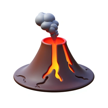 A volcano erupting with molten lava flowing down its sides. Thick, dark smoke billowing into the sky from the crater. Bright orange and red lava illuminating the surrounding landscape as it cascades downwards. The ground is cracked and darkened by the heat of the eruption. Ash clouds spread out, casting a shadow over the area.