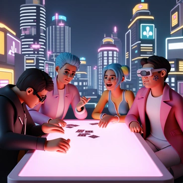 A group of four characters sits around a glowing table in a neon-lit cyberpunk city. The first character, wearing a black leather jacket and cybernetic glasses, leans forward, intently studying their cards. The second character, sporting neon blue hair and a sleek high-tech bodysuit, gestures animatedly while explaining their strategy. The third character, dressed in a vibrant red trench coat, watches with a smirk while tapping their fingers on the table. The fourth character, with augmented reality goggles and colorful tattoos, looks surprised by the latest play. The background showcases towering skyscrapers adorned with bright advertisements and holograms, creating a lively atmosphere. The scene is illuminated by the contrasting neon colors, enhancing the futuristic vibe.