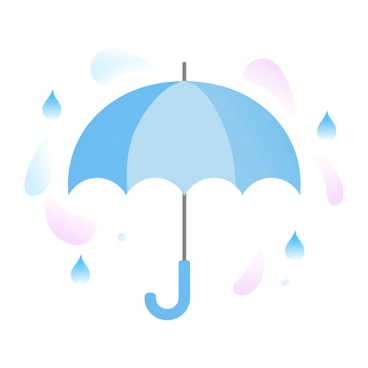 A simple umbrella with a rounded canopy is opened up in the center of the image. The umbrella is depicted in a solid color without any patterns. Surrounding the umbrella are several small, blue raindrops, each varying slightly in size, falling vertically downwards. The background features a smooth gradient of pastel colors, enhancing the overall atmosphere of a gentle rain.
