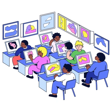 A computer lab filled with students sitting at individual desks. Each student has a graphic tablet in front of them and is focused on creating digital art. The students are of diverse backgrounds, with varying hairstyles and clothing styles. Some students are using styluses to draw, while others are reviewing their work on the computer screens. The walls of the lab are decorated with colorful digital art pieces created by students. The atmosphere is busy and engaging, with a sense of creativity in the air.