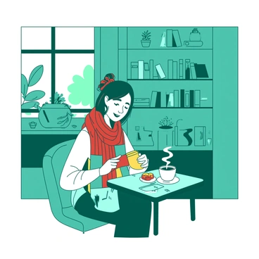 A teal café is filled with warm light, creating a cozy atmosphere. In the center of the scene, a person is sitting at a small wooden table, intently knitting a colorful scarf. The scarf displays an array of patterns and colors, with distinct sections of red and yellow. The person has a content expression while sipping a steaming cup of coffee, which is placed on the table beside a small plate holding a freshly baked pastry. The background features shelves filled with books and plants, enhancing the inviting feel of the café.
