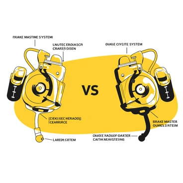 A detailed illustration showing a side-by-side comparison of a car's clutch system and brake system. On the left, the clutch system includes a yellow clutch pedal, a black hydraulic line, and a yellow clutch master cylinder connected to the gearbox. On the right, the brake system features a yellow brake pedal, a black hydraulic line, and a yellow brake master cylinder connected to the wheels. Annotations point out each component clearly, enhancing the educational aspect of the image. The background is simple to emphasize the systems being compared.