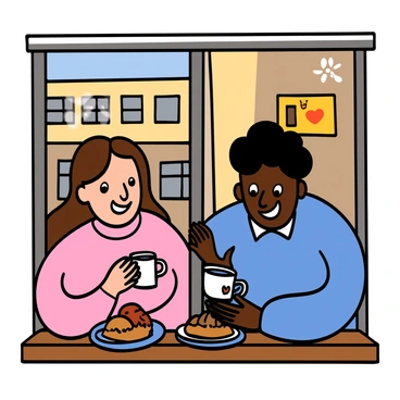 Two friends sitting at a window seat in a cozy café, enjoying coffee and pastries. The first friend is a light-skinned woman with big eyes and long brown hair, wearing a pink sweater. She is laughing and holding a cup of coffee in her hands. The second friend is a dark-skinned man with big eyes and short curly hair, wearing a blue shirt. He is smiling and reaching for a pastry on a small plate in front of them. The café has warm lighting and a view of the street outside, creating an inviting atmosphere.
