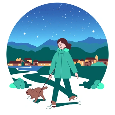A teal person wearing a warm jacket is walking a small brown dog on a leash. The dog is happily trotting beside them. Above, a vibrant night sky is filled with twinkling white stars. In the background, a small town's lights are glowing softly, casting a gentle orange hue across the scene. The path they are walking on is illuminated by the town's lights, creating shadows that dance around them.