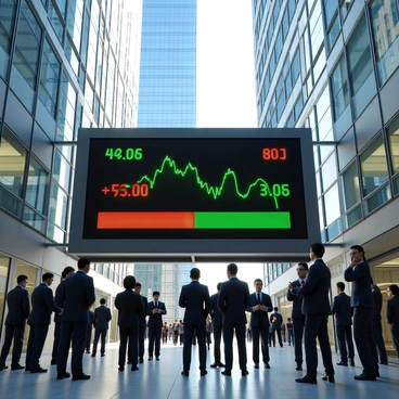 A large digital screen mounted on a wall in a bustling financial hub. The screen displays fluctuating stock prices in bright green and red numbers, indicating gains and losses. Surrounding the screen are modern glass buildings reflecting the sunlight, and a diverse group of professionals in business attire are intently looking at the screen. Some individuals are holding mobile devices, while others are discussing animatedly. The overall atmosphere conveys a sense of urgency and activity in the financial environment.