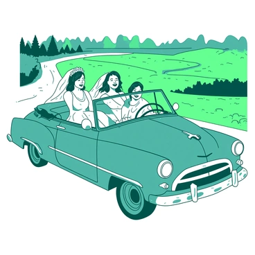 A bridal party is sitting inside a vintage car, which is a shade of teal with chrome accents. The car is driving along a winding road surrounded by lush green fields. The bridesmaids, dressed in flowing white dresses, are smiling and laughing as they celebrate. The bride, wearing a classic white gown with a veil, is sitting in the front passenger seat, looking joyful and excited. Sunlight filters through the trees lining the road, casting playful shadows on the car and the happy group inside.