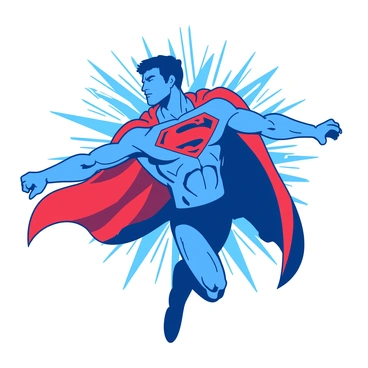 A blue comic-style superhero is striking a dynamic pose on a white t-shirt. The superhero has a muscular build and is wearing a bright red suit with a large emblem on the chest. One arm is extended forward as if ready to take off, while the other is bent at the elbow near the side. The superhero's cape billows dramatically behind them, adding to the sense of motion. The background of the shirt features stylized rays radiating outward from the superhero, enhancing the action-packed feel of the design.