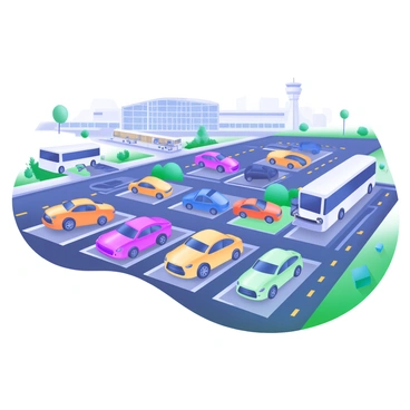 A top-down view of an airport parking lot filled with various colorful cars