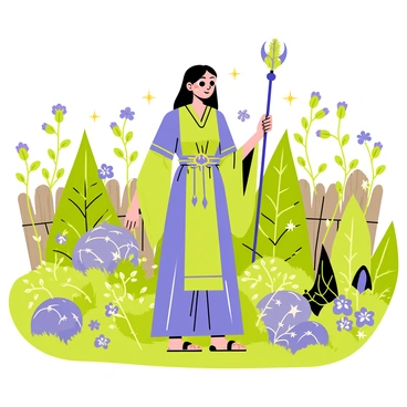 A garden filled with various magical herbs growing in vibrant colors. The garden features tall green plants with purple flowers, small bushes with glowing leaves, and delicate vines wrapping around wooden trellises. In the center, a sorceress with long flowing robes and a shimmering belt stands, holding a staff adorned with crystals. She is surrounded by levitating herbs, and small sparkling lights float around her, adding an enchanting atmosphere. The background shows a wooden fence and hints of mystical creatures peeking through the foliage.