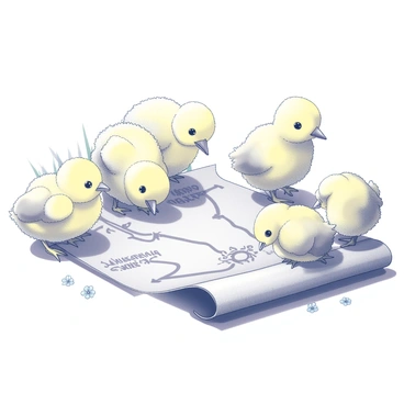A group of small, fluffy chicks is gathered around an old, crumpled treasure map laid out on the ground. Each chick is characterized by its yellow feathers and round bodies, showcasing a sense of curiosity and excitement. Some chicks are peering closely at the map, while others are looking around as if searching for clues. In the background, there are hints of grass and small flowers, adding to the adventurous setting. The map features drawn symbols indicating locations, and there are various paths traced in black ink. The scene captures the energy and determination of the chicks as they embark on their quest for hidden Easter eggs.