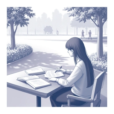 A person sitting at a wooden table in a sunny park, surrounded by greenery. The individual appears focused while writing in a notebook, holding a pen in their right hand. A book titled "Critical Review" lies open on the table, with annotations and notes visible. Sunlight filters through the leaves of nearby trees, casting playful shadows on the table and notebook. In the background, a few people are seen enjoying the park, while flowers bloom along the pathway.