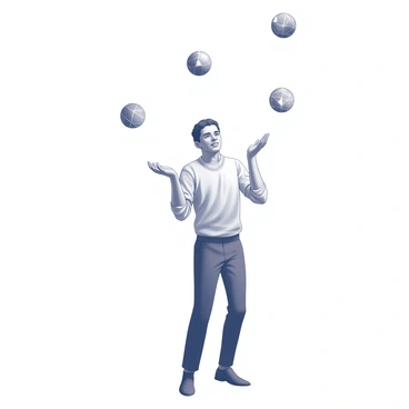 A juggler tossing abstract, electric-colored spheres in a dynamic scene