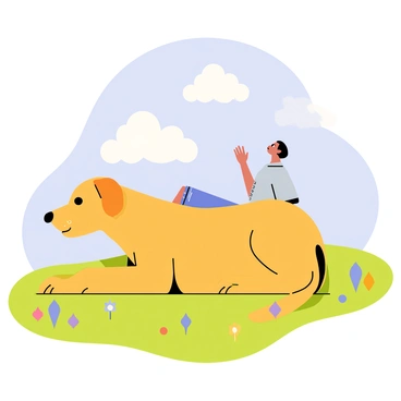 A dog and its owner lying together in a grassy meadow, gazing at the clouds