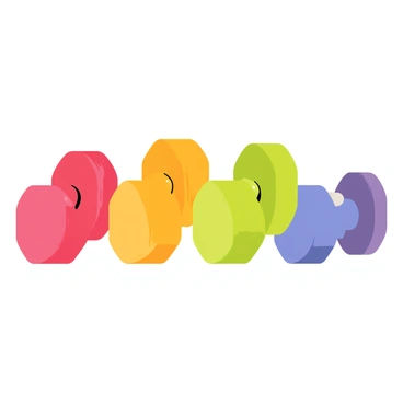 A vibrant collection of colorful dumbbells arranged in a rainbow pattern. Each dumbbell has a distinct color, including red, orange, yellow, green, blue, and purple. The dumbbells are positioned neatly in a curved arc, showcasing the full spectrum of colors. The shiny metallic handles of the dumbbells reflect light, enhancing their vibrant appearance. The background is a simple gradient that complements the colors of the dumbbells.
