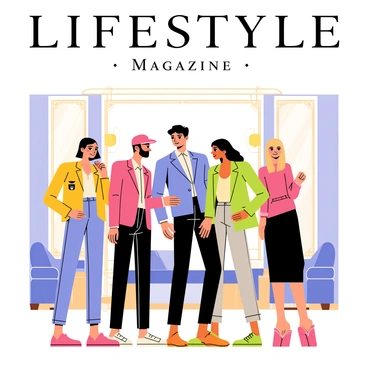 A stylish poster featuring a group of fashionable people standing together in a luxurious setting. The individuals are dressed in elegant clothing, showcasing a variety of modern trends. They are positioned against a backdrop of a sophisticated lounge with plush furniture and ornate decor. Soft lighting enhances the atmosphere, creating a warm and inviting space. The title “Lifestyle Magazine” is prominently displayed at the top in bold lettering.