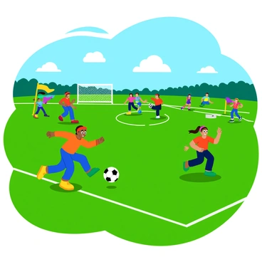 A vibrant field filled with children engaged in various races and sports activities. On one side, a group of children is sprinting in a relay race, wearing brightly colored team t-shirts with matching headbands. In another area, a boy kicks a soccer ball towards a goal, his expression focused and determined. Nearby, a girl jumps over a small hurdle, her ponytail swinging with the motion. A couple of children are cheering from the sidelines, waving colorful flags. The sky overhead is clear and sunny, enhancing the lively atmosphere of the sports day.