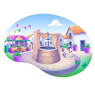 A historic well as the centerpiece of a bustling village square