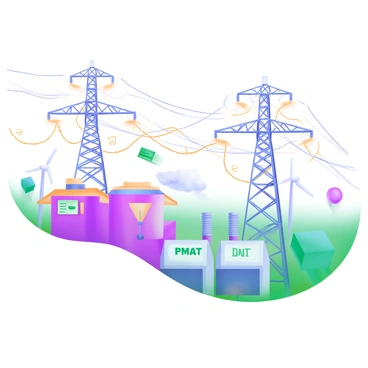 A modern pastel illustration of a sprawling energy grid. The grid is filled with intricate lines and nodes, showcasing the structure of electricity distribution. Electric currents are visibly flowing through the grid, depicted with bright, animated lines in shades of blue and yellow. In the foreground, there are several stylized transformers and power stations labeled "PMAT." There are also small, colorful icons representing renewable energy sources, such as wind turbines and solar panels, integrated into the grid design. The entire scene is set against a soft pastel background that complements the vibrant colors of the energy grid.