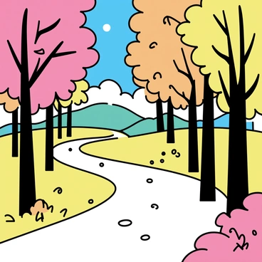 A dirt path winding through a vibrant autumn forest. The path is lined with trees showcasing their leaves in various shades of red, orange, and yellow. Sunlight filters through the branches, casting dappled shadows on the ground. Alongside the path, patches of fallen leaves create a colorful carpet. In the distance, hints of rolling hills can be seen, blending into a clear blue sky. The atmosphere is tranquil, inviting one to explore deeper into the woods.