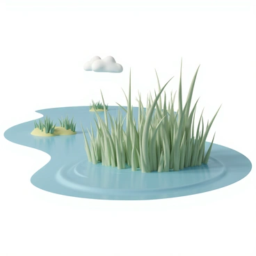 A saltwater marsh with lush, tall green grasses swaying gently in the wind. The grass blades are illuminated by sunlight, creating a shimmering effect as they move. In the background, soft blue waters reflect the sky, while patches of vibrant green vegetation dot the landscape. The scene is serene, with a few fluffy white clouds in a bright blue sky overhead. The grasses rise above a calm, shallow body of water, where small ripples are visible from the gentle breeze.