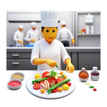 A chef in a white uniform is carefully arranging vibrant ingredients on a large white plate. The plate features a colorful assortment of vegetables, such as sliced red bell peppers, green asparagus, and bright yellow cherry tomatoes. In the background, there are stainless steel kitchen appliances and other chefs in motion, creating a dynamic atmosphere. The chef displays a focused expression as they use tweezers to place microgreens artfully atop the dish. Various spices and sauces are arranged neatly on the countertop nearby, adding to the scene's culinary ambiance.