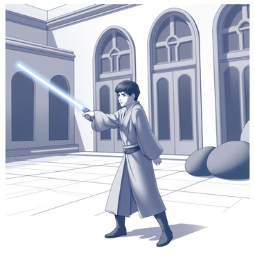 A young man with dark hair, wearing a Jedi robe, is practicing lightsaber skills in a large, open courtyard of a Jedi temple. The courtyard features smooth stone floors and tall columns that support an expansive ceiling. The young man's expression is focused as he performs precise movements with his blue lightsaber, which is ignited and glows with intensity. Surrounding the courtyard are meticulously maintained trees and shrubs, providing a sense of tranquility. In the background, large, ornate windows reflect the traditional architecture of the temple.