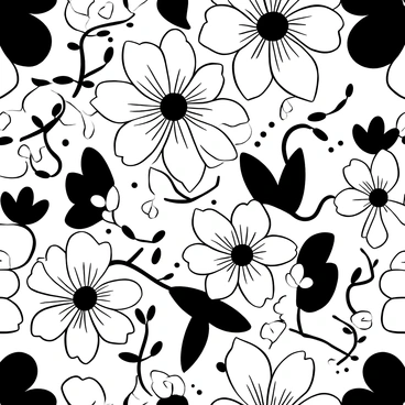 A black-and-white illustration of a fabric pattern composed of large floral designs. The flowers feature intricate details, with distinct shapes and textured petals. The pattern is dense, filled with twisting vines and leaves that complement the flowers. Each flower and leaf is carefully arranged to create a harmonious flow throughout the design. The overall composition is balanced, giving the impression of a rich tapestry of nature.