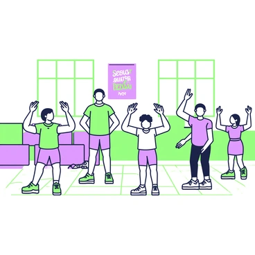 A group of students is engaged in doing arm circles in a school gymnasium during PE class. The gymnasium features tall windows allowing light to stream in, illuminating the polished wooden floor. Each student is wearing a different color of gym attire, with some in T-shirts and others in tank tops and shorts. They are spread out in an organized manner, ensuring ample space between them. Some students have their arms fully extended upward while others are mid-motion, creating a dynamic scene. In the background, there are gym mats and sports equipment neatly arranged against the wall. A large motivational poster can be seen hanging above the students.