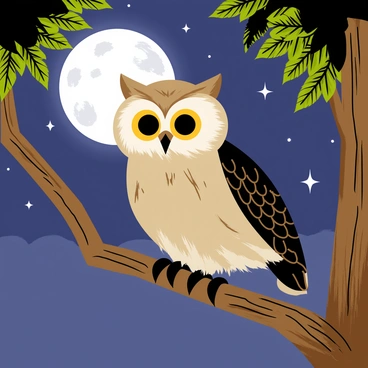 A wise owl with intricate feather patterns and large, glowing yellow eyes is perched on a sturdy tree branch. The tree has textured brown bark and dense green leaves. Above, a full moon casts a soft, silver light, illuminating the scene with a mystical glow. The sky is dotted with twinkling stars, enhancing the tranquil night atmosphere. The owl's head is turned slightly, as if observing its surroundings with keen awareness.