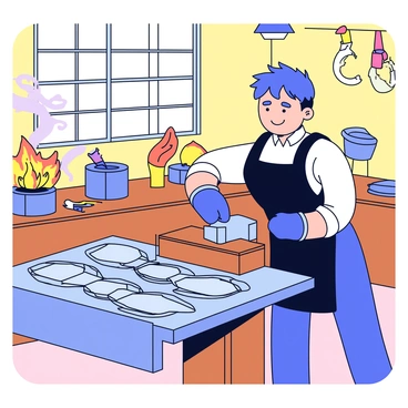 A blacksmith is working in a spacious workshop illuminated by warm, soft light. He is wearing a dark apron and protective gloves. The blacksmith is hammering a piece of metal on an anvil, creating a shiny suit of armor. The armor pieces are laid out on a wooden workbench, displaying intricate designs. In the background, various tools hang on the wall, and a forge glows with orange flames. There is a large window letting in natural light, casting soft shadows across the floor.