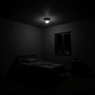 A smoke detector mounted on the ceiling of a dark bedroom, casting a subtle glow as its light flashes. The light creates a pattern of illumination on the walls and ceiling, highlighting the contours of the room. A bed is positioned against one wall, with rumpled sheets and a dark-colored blanket. Shadows fill the corners of the room, creating an atmosphere of quiet tension. A bedside table holds a small alarm clock displaying the time, while a window shows the faint outline of night outside. The scene captures a moment of alertness in an otherwise peaceful night.