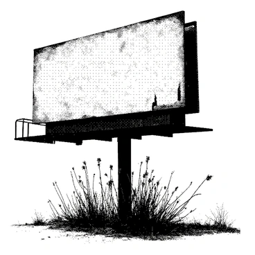 A faded billboard stands upright, its surface covered in peeling paint, exposing the underlying materials. The billboard is large and rectangular, featuring remnants of old advertisements that are barely legible. At its base, there are overgrown weeds that sprout out, their long stems and leaves intertwining around the bottom of the structure. The surrounding area shows scattered patches of dry grass, hinting at years of neglect. The scene conveys a sense of time passing and abandonment.