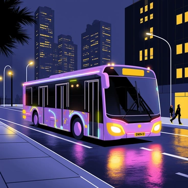 A bus adorned with vibrant, glowing lights is driving through a city at night. The bus features a sleek design with multicolored neon lights illuminating its exterior. Surrounding the bus, tall buildings are silhouetted against the dark sky, with their windows reflecting the bus's lights. The streets are wet from recent rain, creating a shimmering effect on the pavement. Streetlights cast a soft yellow glow, adding warmth to the scene. In the background, a few people are walking on the sidewalk, their figures partially lit by the bus's glow.