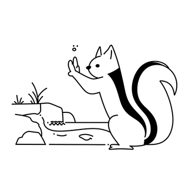 A cartoon squirrel with a bushy tail stands by a stream. The squirrel is raising its front paws in a handwashing gesture, mimicking a human action. Water is splashing around its paws as it pretends to wash them in the stream. The setting features smooth rocks along the bank, and some grass and small plants growing nearby. The stream flows gently, creating ripples on the surface of the water.