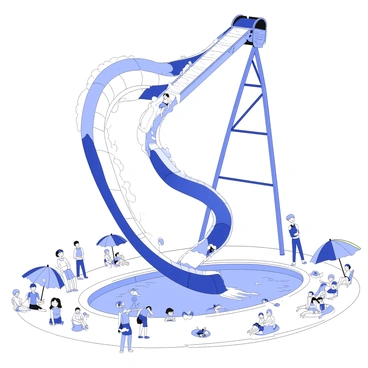 A twisting water slide extends from a tall structure, curving downwards in a dynamic formation. Several people are seen joyfully sliding down the slide, their expressions ranging from excitement to exhilaration. The water cascades alongside them, splashing against the sides of the slide. Below the slide, a pool is visible, filled with a mix of people enjoying the water. Surrounding the slide, there are vibrant umbrellas and lounge chairs, with families and friends gathered to enjoy the sunny day at the busy water park. Some children are playing in shallow areas, while others are waiting in line to experience the thrilling ride.