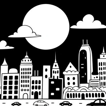 A detailed city skyline filled with tall buildings and intricate architectural designs. The skyline is illuminated by a large "blue moon" that dominates the night sky. Clouds drift softly across the sky, partially obscuring the moon. Below, the city is alive with signs of activity, such as cars in motion and small figures walking on the streets. Silhouettes of various buildings, including skyscrapers and smaller structures, create a diverse horizon. The scene conveys a sense of calmness despite the bustling city below.