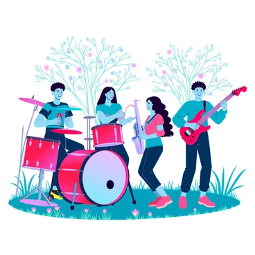A group of children playing various musical instruments in a backyard setting. There are three boys and two girls, all smiling and absorbed in their music. One child is energetically drumming on a bright red drum set, while another is strumming a colorful electric guitar. A girl is playing a shiny silver saxophone, and another boy is blowing into a brass trumpet. Flowers and green grass surround them, and colorful decorations hang from trees in the background, creating a festive atmosphere.
