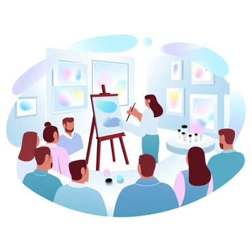 An artist is standing in front of an easel, showcasing various illustration techniques. The artist is holding a brush and appears focused on a canvas filled with colorful strokes. The gallery is filled with art pieces displayed on the walls. A group of attentive audience members watches the demonstration intently, standing in a semi-circle around the artist. Various art supplies, such as paint tubes and brushes, are arranged on a nearby table. The atmosphere is filled with vibrant colors and a sense of creativity.