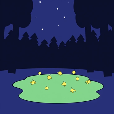 A dark forest glade surrounded by tall, silhouetted trees. In the center, a soft green patch of grass is illuminated by numerous fireflies, each one casting a soft yellow glow. The fireflies are depicted in various positions, some hovering above the grass and others gently flickering in the air. The background features the dark outlines of trees and a starry sky peeking through the treetops. The overall scene captures the enchanting movement of the fireflies in the tranquil glade.