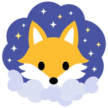 A cartoon-style illustration of a fox face with large, expressive eyes and a fluffy orange coat. The fox's ears are perked up, and there are white accents around its muzzle. Surrounding the fox face are numerous twinkling stars in various sizes, shining brightly against a deep blue night sky filled with soft, fluffy clouds. The overall composition gives a whimsical and enchanting feel to the scene.