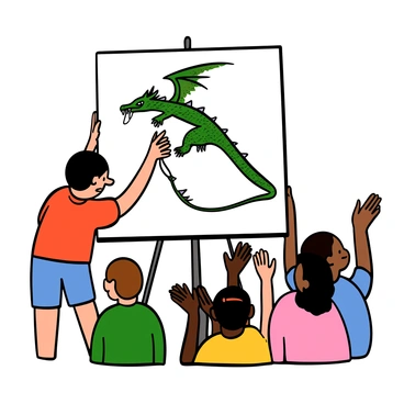 A player with light skin and short black hair is standing in front of a group of people, eagerly sketching a dragon on a large piece of paper. The player is wearing a red t-shirt and denim shorts, showing concentration as they draw. The dragon is depicted with large wings, sharp claws, and a long tail. It has scales that shimmer in a variety of colors. The group of people, featuring a mix of skin tones and hairstyles, is watching intently, some leaning forward in anticipation. A few have their hands raised, ready to guess the mythical creature.