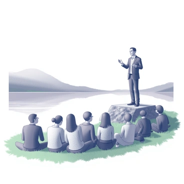 A person standing on a rocky outcrop by the shore of a calm lake, delivering a sermon. The speaker is dressed in formal attire, gesturing with their hands to emphasize key points. In front of them, a diverse group of listeners is seated on the lush green grass, attentively focused on the speaker. Some listeners are leaning forward, while others are sitting cross-legged, creating a sense of engagement. The lake is still, reflecting the surrounding landscape, with gentle ripples lapping at the edges. The scene conveys a sense of community and contemplation.